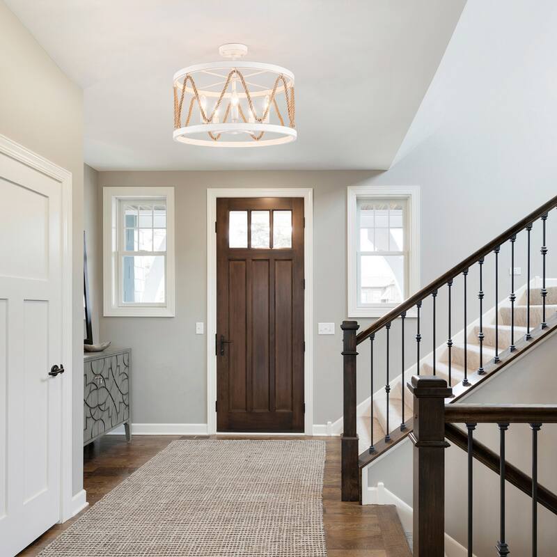 19.68" Wide Rural Drum Chandelier, 5-Light Semi-Flush Mount Lighting with Cage Lamp-Shade, Pendant Light for Dining Room