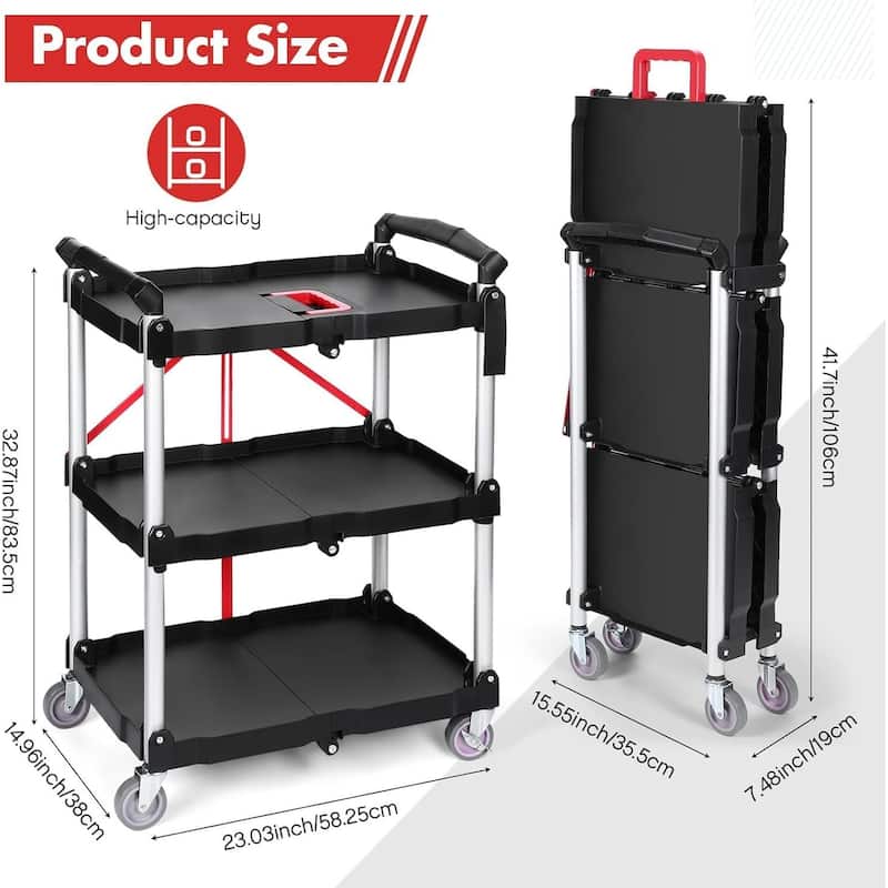 Foldable Service Kitchen Utility Cart with Wheels for Office Garage Home Kitchen Storage - N/A