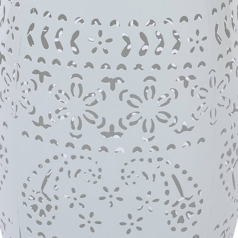 Sola Side Table, Solar Powered Light, 18 Inch Barrel Shaped White Iron