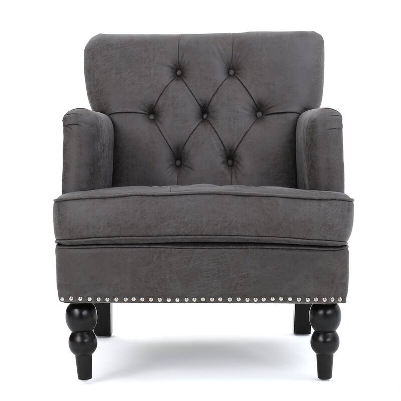 Modern 28" Upholstered Button Tufted Club Chair with Nailheads and Birch Wood Legs