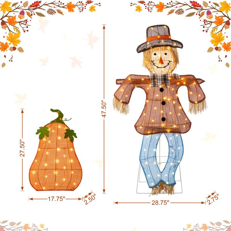 Glitzhome 4ft Set of 2 Lighted Fall Scarecrow & Pumpkin Outdoor Decor