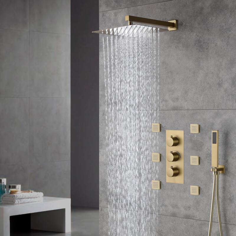 Thermostatic 12 in. Wall Mount Shower System with 6 Body Sprays
