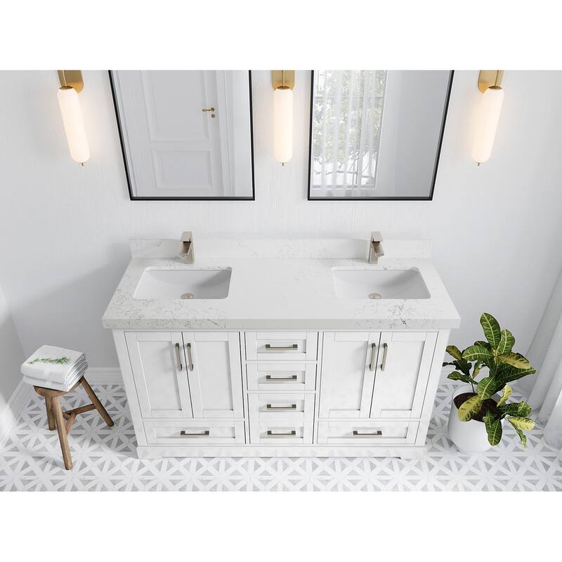 Willow Collection 60 in W x 22 in D x 36 in H Boston Double Bowl Sink Bathroom Vanity with Countertop - 2"Empira White - White