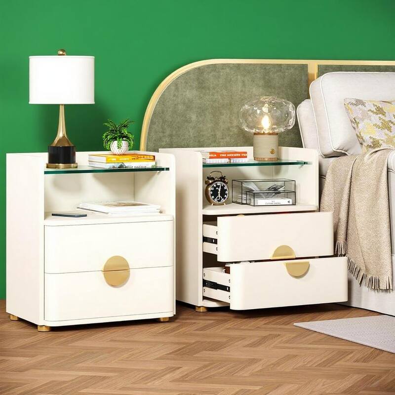 White MDF Glass Nightstand with Gold Metal Legs and Storage Drawers