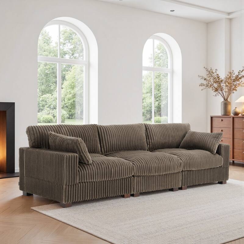 Plush Corduroy Upholstered Modular Sectional Sofa with Pillows - Symmetrical - Light Brown-3 Pieces