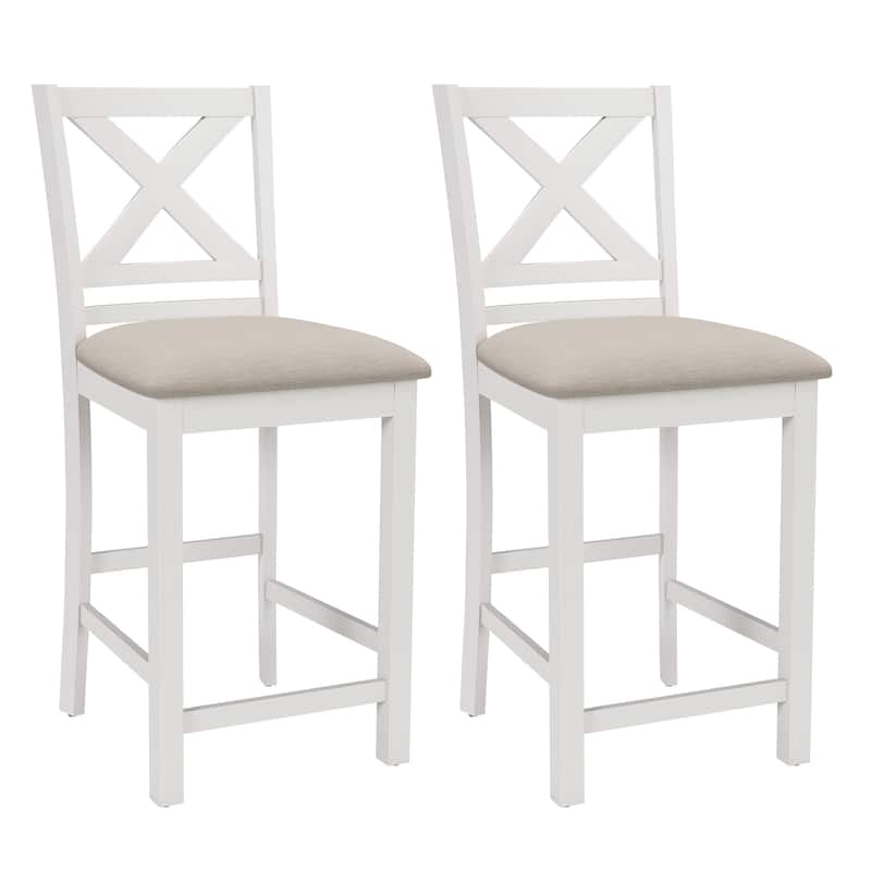 Set of 2 Counter Bar Stools - Upholstered w/Comfort Cross Back & Solid Wood Legs for Kitchen Island