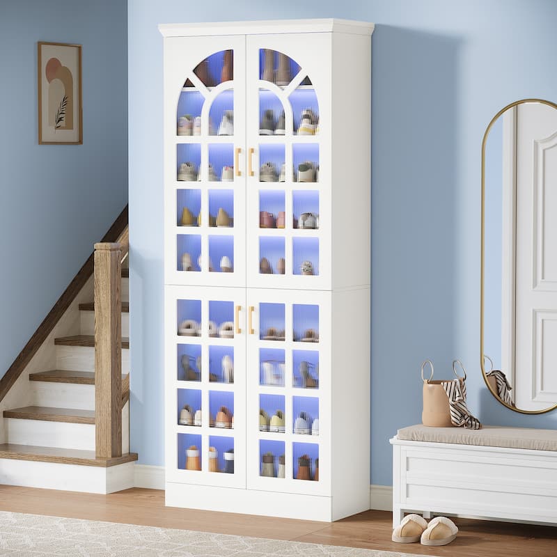 9-Tier Tall Shoe Storage Cabinet with Doors, Led Lights and Adjustable Shelves for Entryway, White