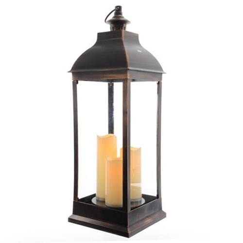 70cm Tall Floor Standing or Hanging Lantern with 3 LED Candles in Antique Black