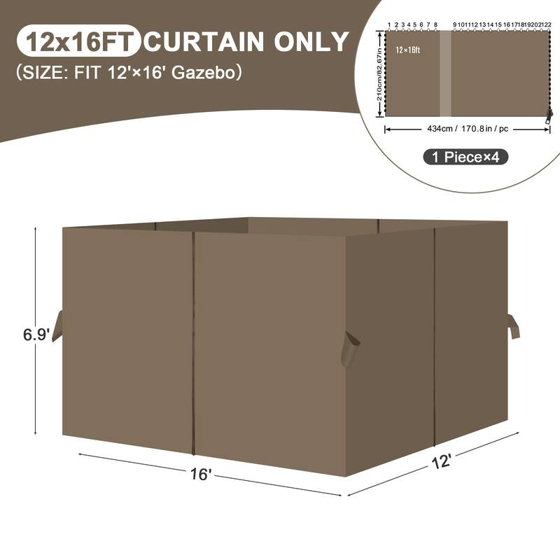 Aoodor Gazebo 12x16 FT Curtain Replacement-Universal 4-Panel Sidewalls, Curtain Only