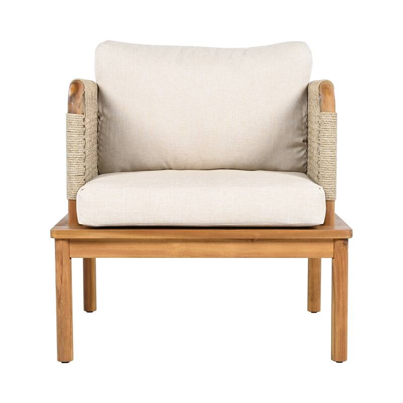 5 Pcs Outdoor Rope Weave Sofa Set, All-Weather Conversation Furniture Set with Acacia Wood Table, 2 Armchairs and Ottoman