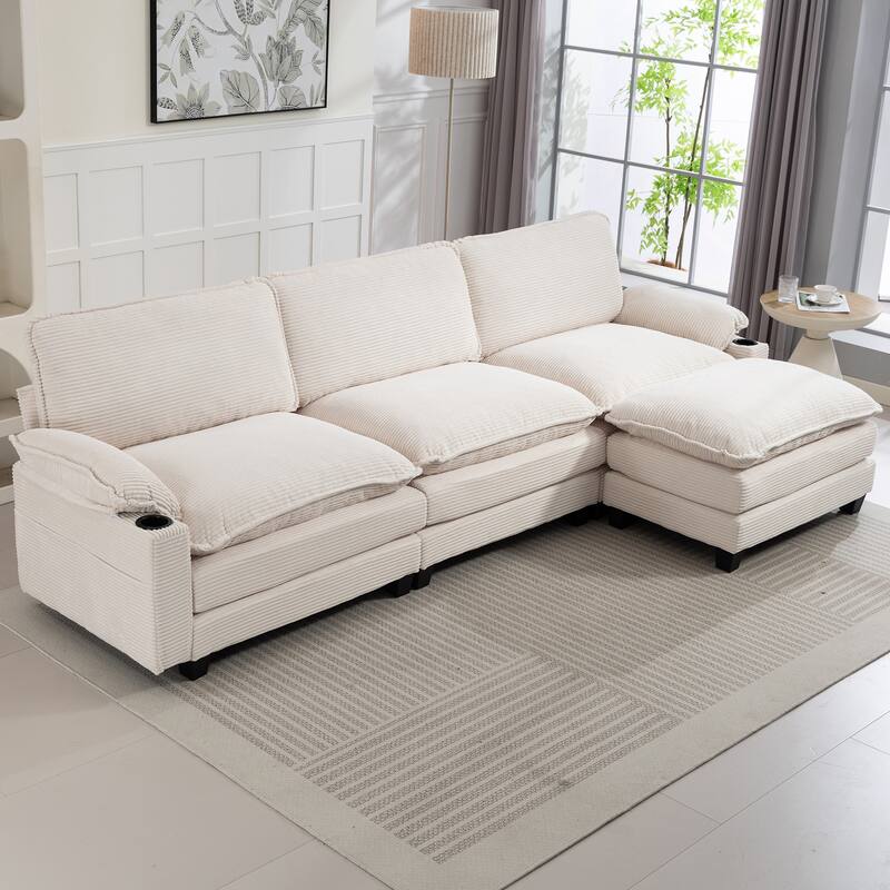 113" L Shaped Sectional Sofa, Deep Seat Cloud Couch with Ottoman, Oversized Corduroy Couch with Cup Holders, Storage Bags