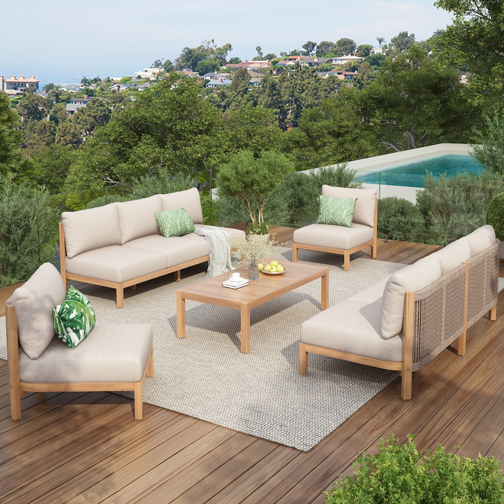 Christopher Knight Home - Outdoor 5-Piece Wooden & Rope Woven Patio Conversation Set with Cushions and Coffee Table