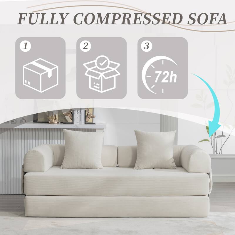 Foldable Modular Couch Sleeper Loveseat Sofa Bed with Storage Side Pocket, Detachable Metal Frame and Corduroy Fabric Cover