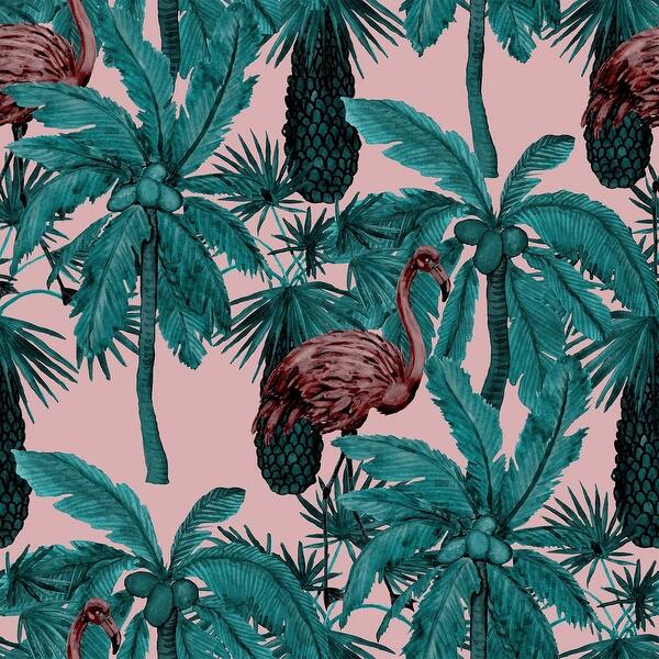Pink Wallpaper with Palms Peel and Stick and Prepasted Bed Bath