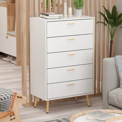 5 Drawer 27.4'' W Chest Dresser In White&Gold