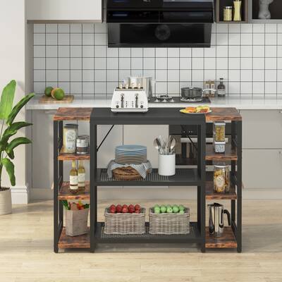 Multifunction Kitchen Island with Open Shelves, Spice Rack & 12 Hooks - 43.3 × 19.7 × 35.4 Inches