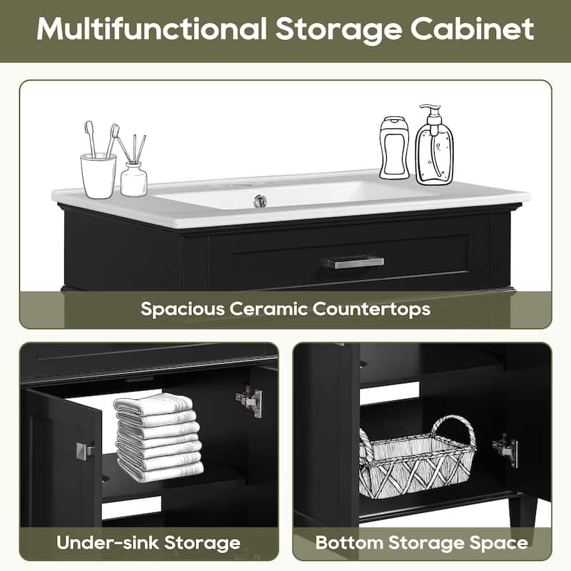 30" Bathroom Vanity with Ceramic Sink, Soft-Close Doors, Adjustable Shelf, 4" Faucet Ready