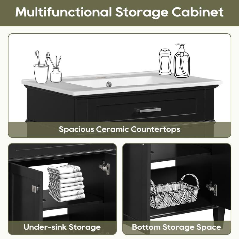 30-inch bathroom vanity with ceramic basin, soft close door and adjustable shelves