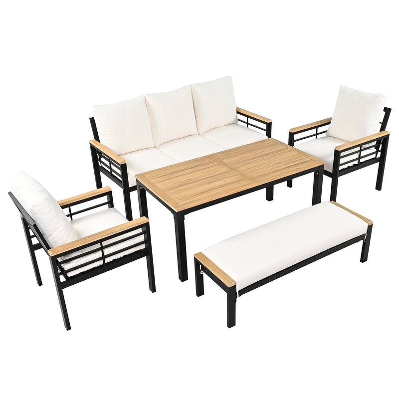 5-Piece Outdoor Patio Iron Conversation Sofa Set with Coffee Table and Bench