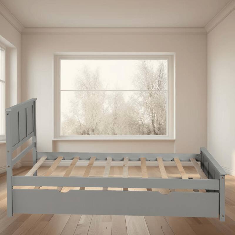 Twin Size Wooden Platform Bed Frame with Space-Saving Trundle for Extra Sleeping Space, for Bedroom, Guest Room, Sleepover - Grey - Twin