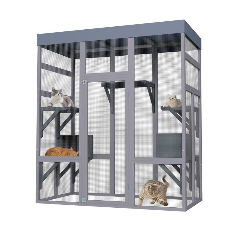 Large Outdoor Cat House, Cat Shelter Enclosure with Waterproof Roof, 2 Napping House & Platforms, Pet Cage for Patio or Backyard