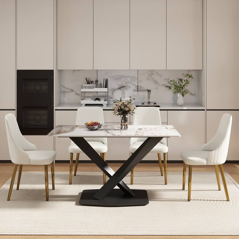 55.12" Modern Artificial Stone Pandora White Straight Edge Black Metal X-Leg Dining Table -6 People - Antique White,Black - Antique White,Black