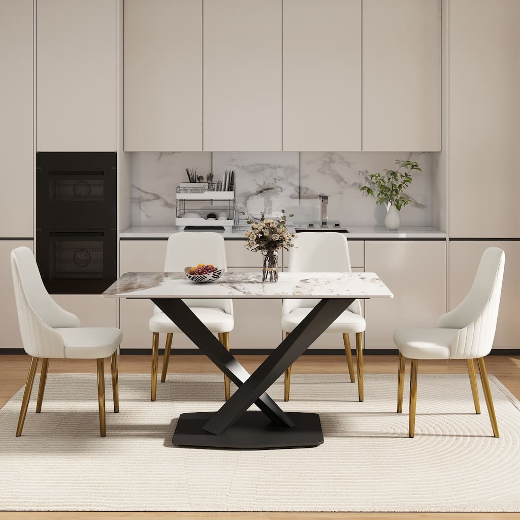 55.12" Modern Artificial Stone Pandora White Straight Edge Black Metal X-Leg Dining Table -6 People - Antique White,Black