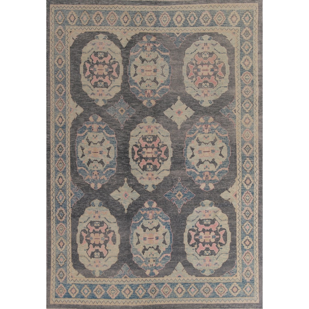 Hand Knotted Oriental 100% Wool Carpet Transitional Geometric Greys & Charcoal Oushak Area Rug - 11' 1'' X 8' 2''