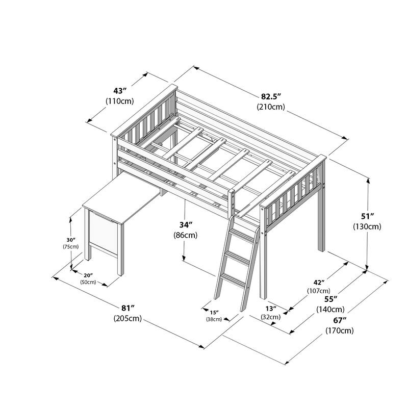 Max and Lily Twin-Size Low Loft with Pull-Out Desk
