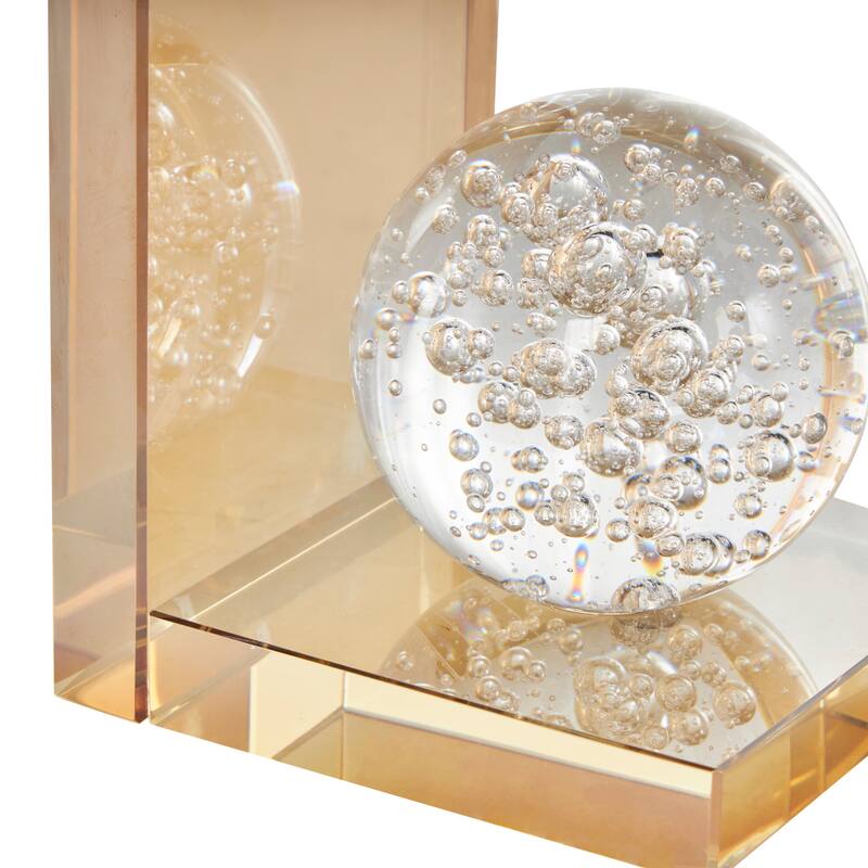 Glass Geometric Bookends with Clear Orbs and Bubble Texturing - Set of 2 Gold - Roche River Decor - 5"W x 4"L x 6"H