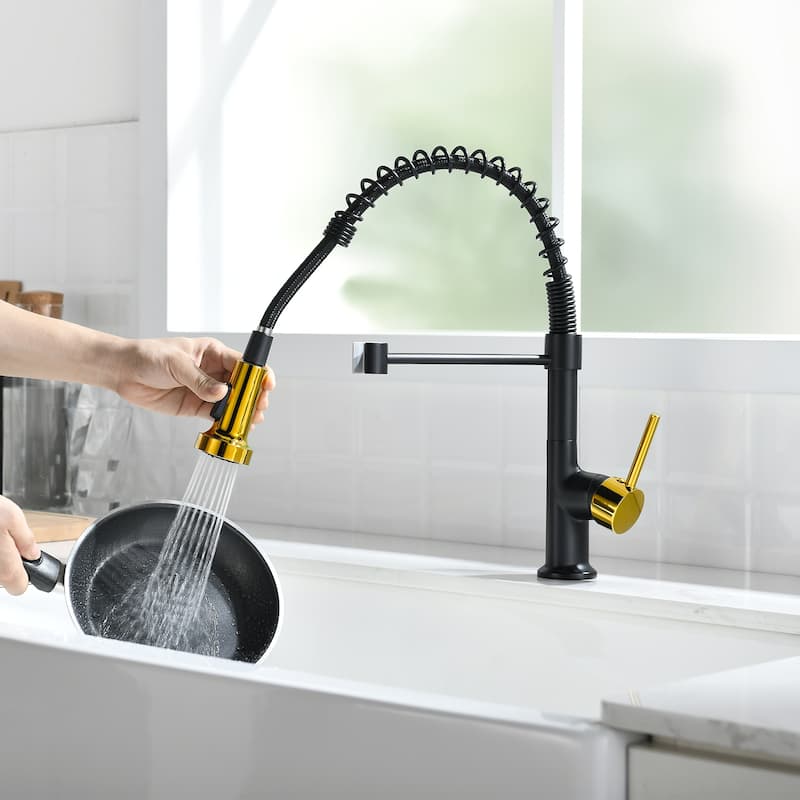 Commercial Black and Gold Kitchen Faucet with Pull Down Sprayer, Single Handle Single Lever Kitchen Sink Faucet - Black+Gold