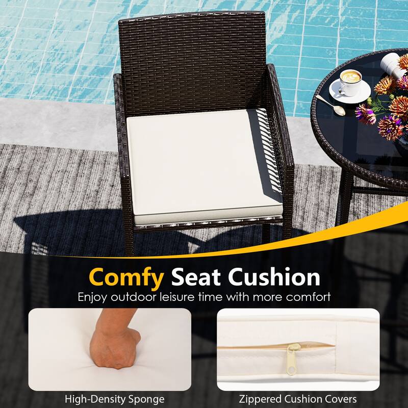 Gymax 3 Piece Wicker Patio Bar Set w/ 2 Seat Cushions Glass Tabletop