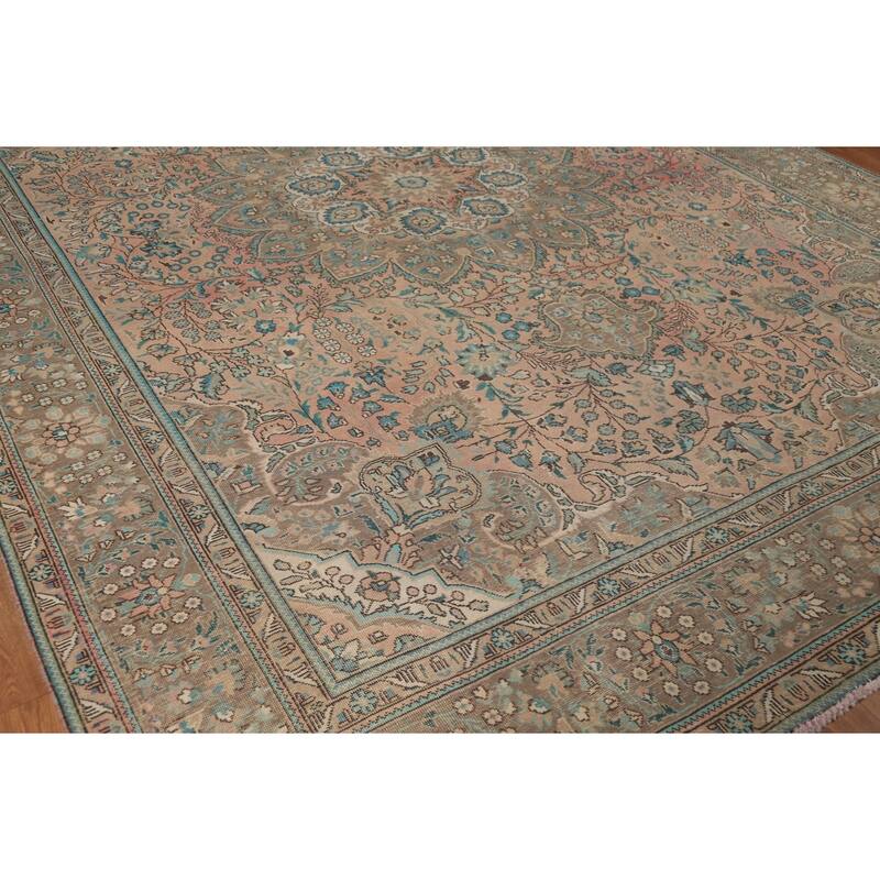 Pink Floral Tabriz Persian Area Rug Handmade Wool Carpet - 9'7" x 13'0"
