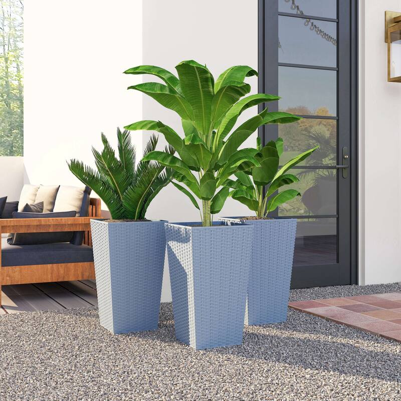 Outsunny Tall Planters for Outdoor Plants Set of 3, 24 In Taper Planters with Drainage Holes, Rattan Decor Plant Pots