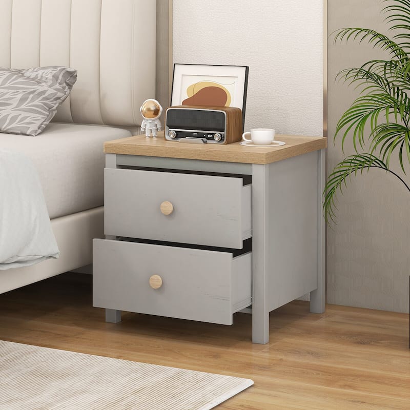 Gymax Nightstand Farmhouse Side End Table w/ Solid Wood Legs & 2