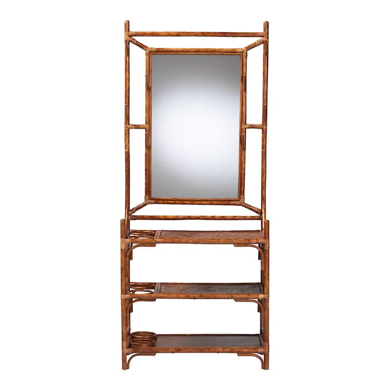 Feyre Marbled Tortoise Natural Rattan Hall Tree - Handcrafted Wicker Entryway Organizer with Mirror, Shelving and Hooks
