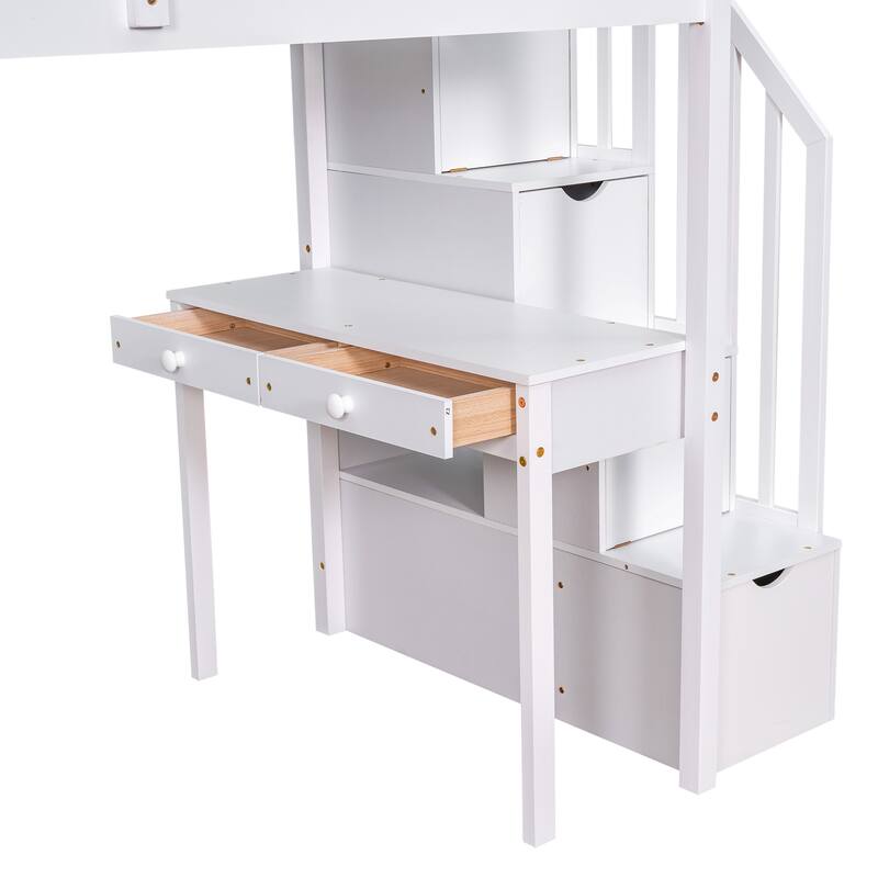 Twin Loft Bed with Storage Drawers, Desk, and Stairs for Kids - Space-Saving Design