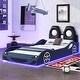 preview thumbnail 1 of 26, Wood Twin Size Race Car Platform Kids Bed Frame with LED Lights, Upholstered Backrest and Safety Rails for Bedroom, Blue Blue