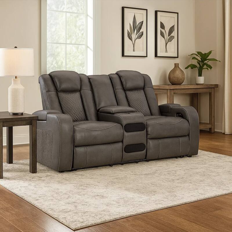 Fynne LED Power Reclining Loveseat, USB, Gray Faux Leather 74 Inch