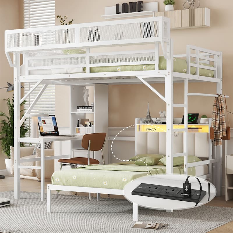 Full over Twin Bunk Bed with Desk, Bookshelves, Charging Station & LED Lights, Detachable Metal Loft Bed - White