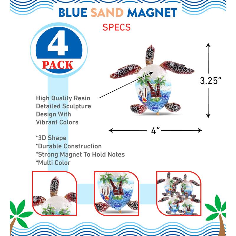 CoTa Global Sea Turtle Refrigerator Blue Sand Magnets Set of 4 - 3.25″L x 4″W x 0.3″H