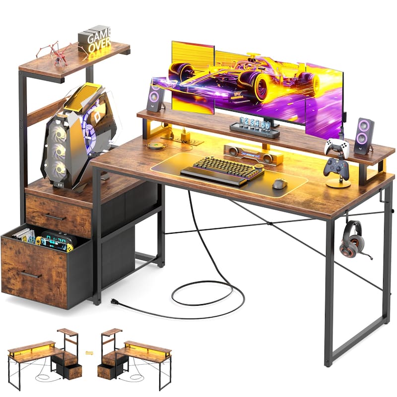 60'' Reversible Gaming Desk with Monitor Stand & Fabric Drawers，Home Office Computer Desk with RGB LED Strip & Power Outlets