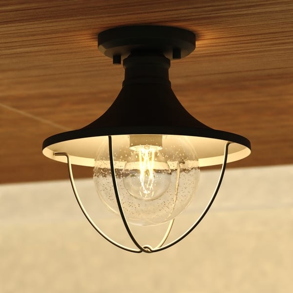 slide 2 of 10, Dunlap Textured Black Coastal Outdoor Flush Mount Ceiling Light Clear Glass - 10-in W x 10.75-in H x 10-in D Textured Black - 10-in W x 10.75-in H x 10-in D