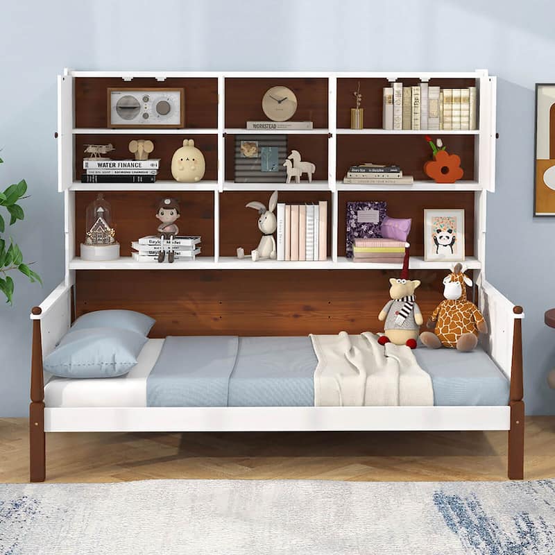 Gymax Twin Daybed w/ Bookcase Wooden Platform Bed w/ Shelves &