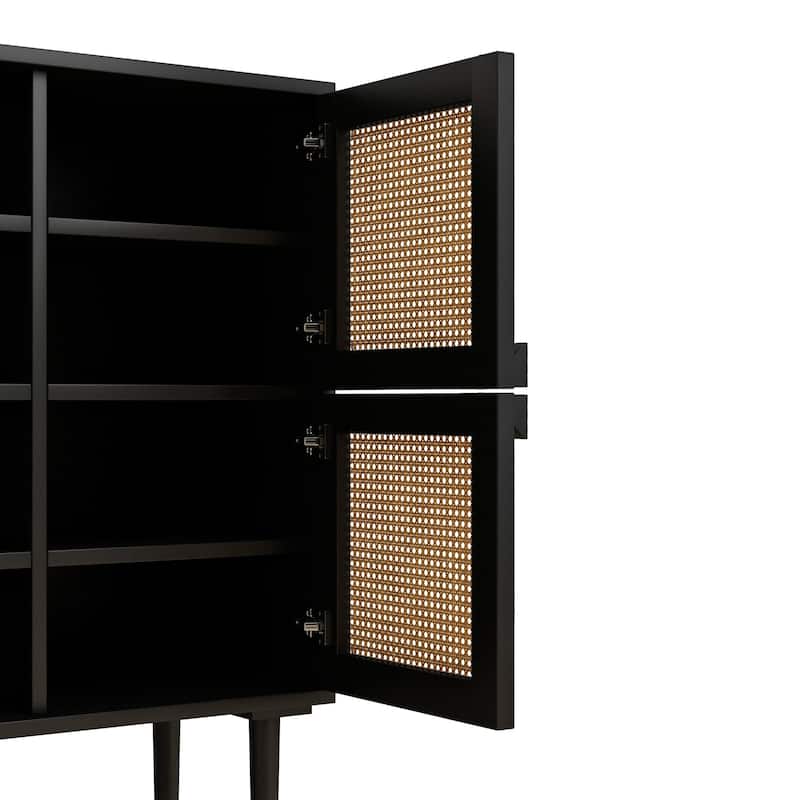 4-Doors Rattan Mesh Storage Cabinet, Sideboard with Eight Storage Spaces, (Black)