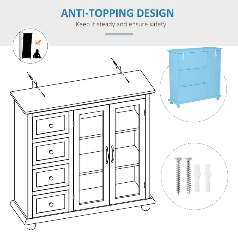 HOMCOM Storage Sideboard Cabinet with 4 Drawers and Glass Door Cupboard, Console Table for Living Room Dining Room Kitchen