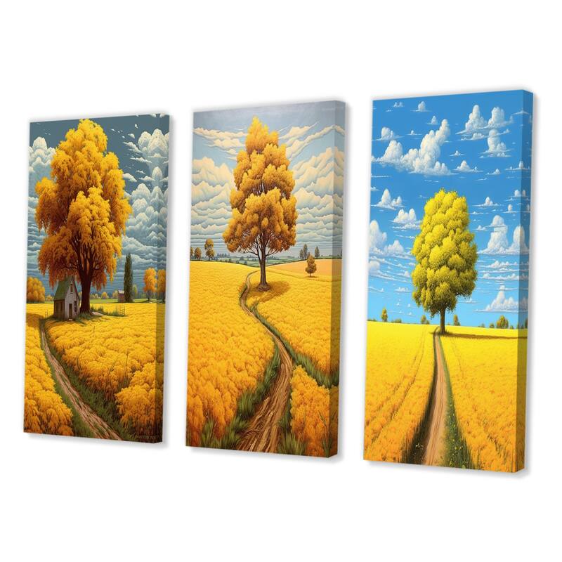 Designart "Yellow Tree In Blossoming Golden Meadow II" Meadow Yellow - Gallery Wall Set Of 3 For Home Decor