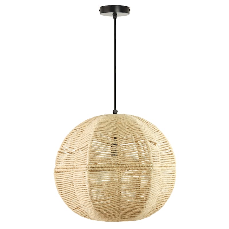 River of Goods Black and Ivory Jute and Metal 19-Inch Globe Pendant Light with Adjustable Hanging Cord - 19" x 19" x 73"