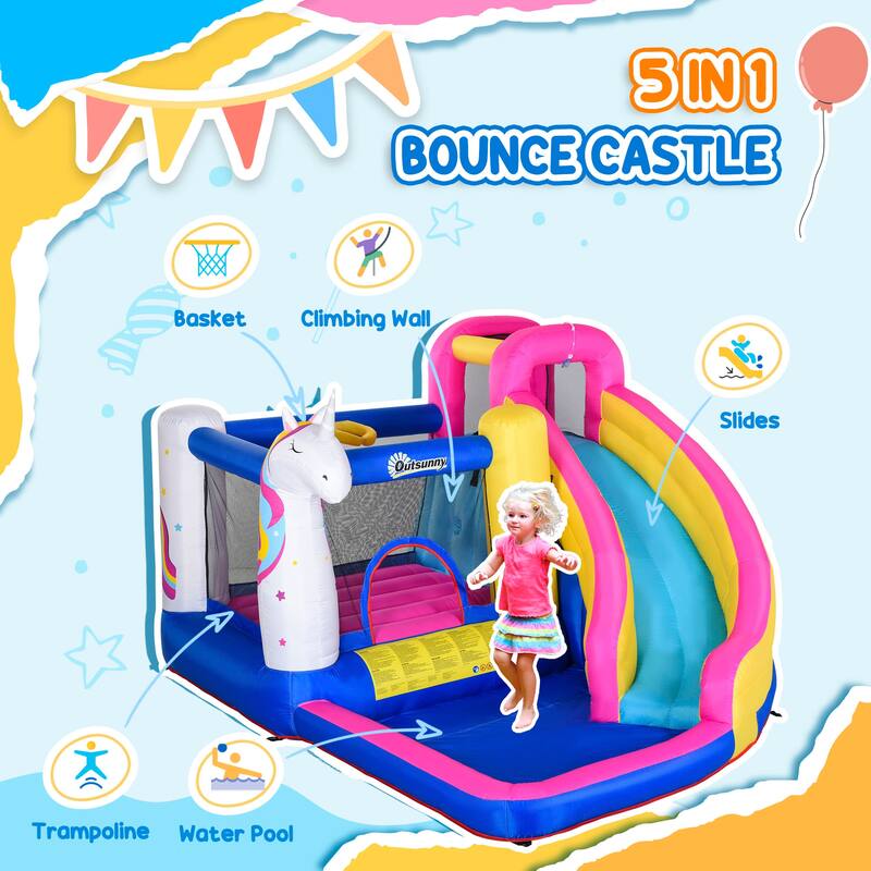 Outsunny Kids Bounce Castle House Inflatable Trampoline Water Slide Pool Climbing Wall 5 in 1 with Inflator for Kids Age 3-8