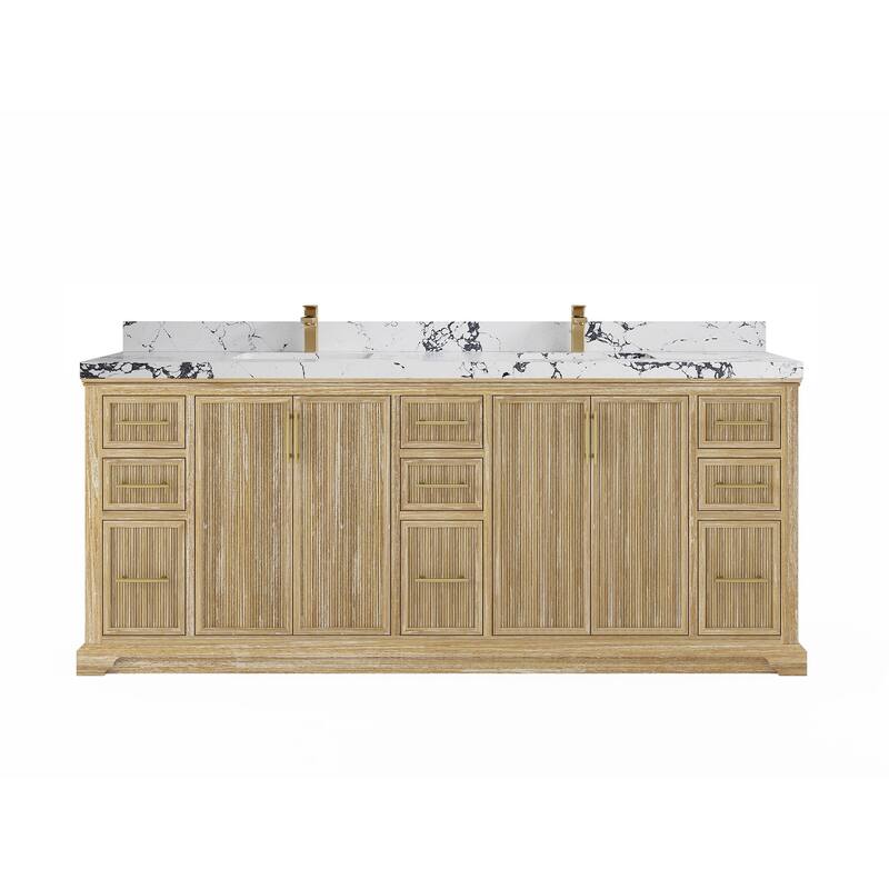 Willow Collections 84 in. W x 22 in. D Alys Solid Teak Wood Double Sink Bathroom Vanity with Quartz or Marble Countertop - 2"Viola Night - Whitewashed